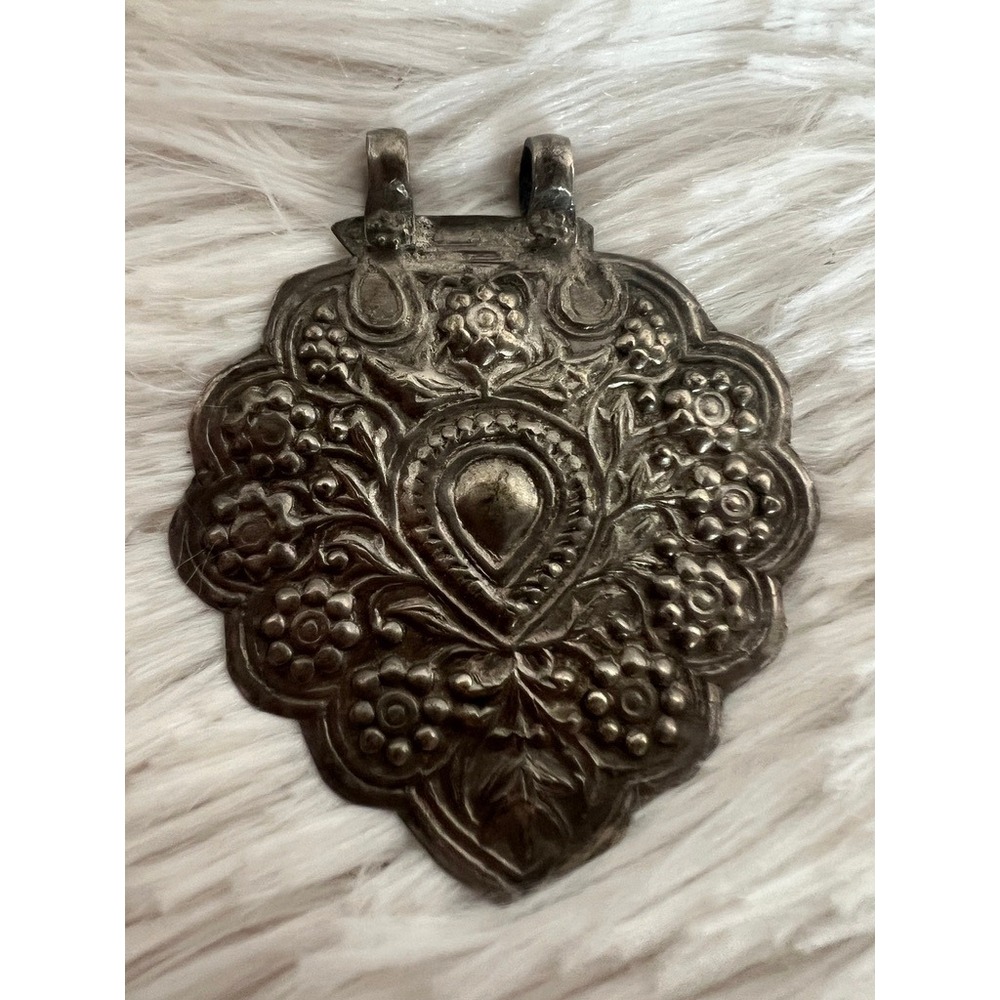 Vintage Repousse Floral Pendant Silver Tone Ornate Statement Boho